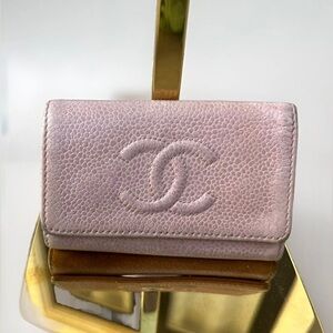 CHANEL Logo Pink Keyring Holder Barbiecore Pebbled Leather Card Holder